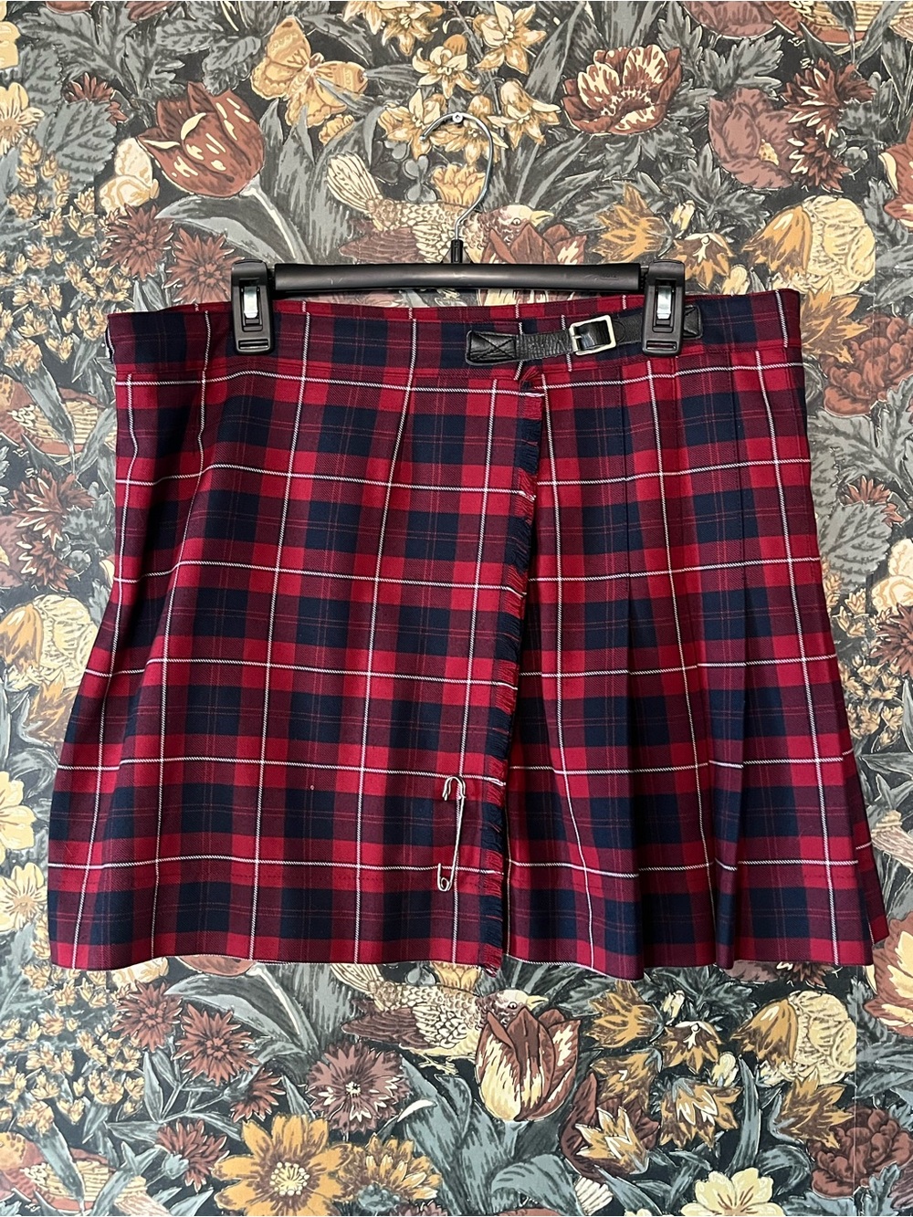 Red & Navy Plaid Mini Skirt with Buckle Detail School Punk Academia Grunge